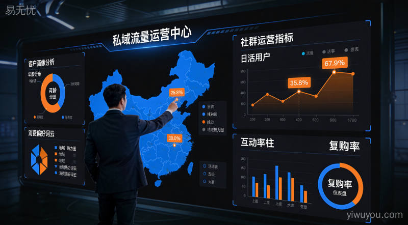 用户运营数据大屏显示客户画像与社群运营指标，专业私域流量管理分析界面