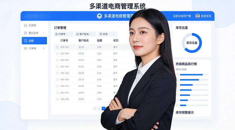 多渠道电商运营工作台界面，订单管理与库存数据可视化，科技感高效运营