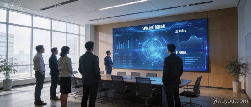 AI数据分析室展示数据可视化大屏,团队成员讨论趋势曲线和业务洞察