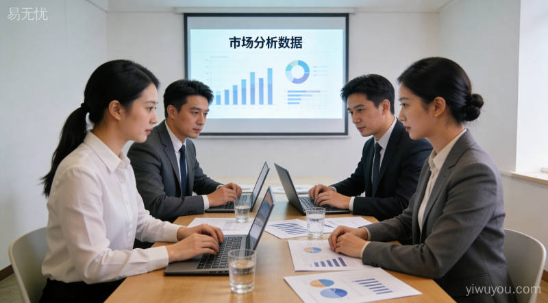 市场研究报告会议场景，专业人士研讨趋势数据