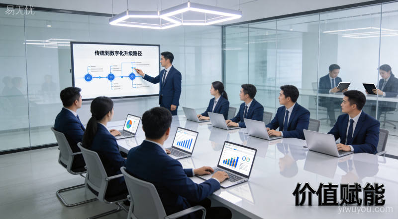 企业服务数字化转型场景，专业咨询团队在现代办公环境中协作，体现从传统服务到价值赋能的升级