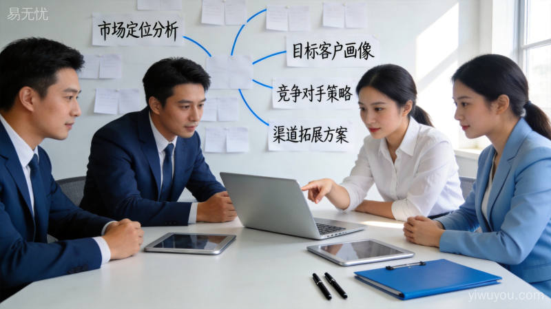 品牌营销策划会议，团队分析目标用户画像和精准营销策略
