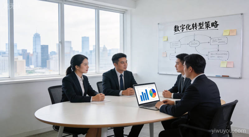 企业高管商务会议现场，笔记本电脑呈现数据图表讨论数字化策略