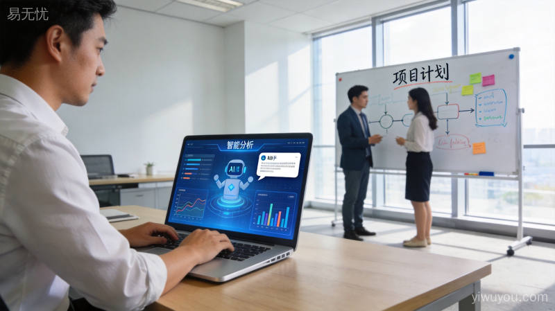 现代办公室白领使用笔记本电脑与AI智能助手交互,团队协作分析业务数据提升效率