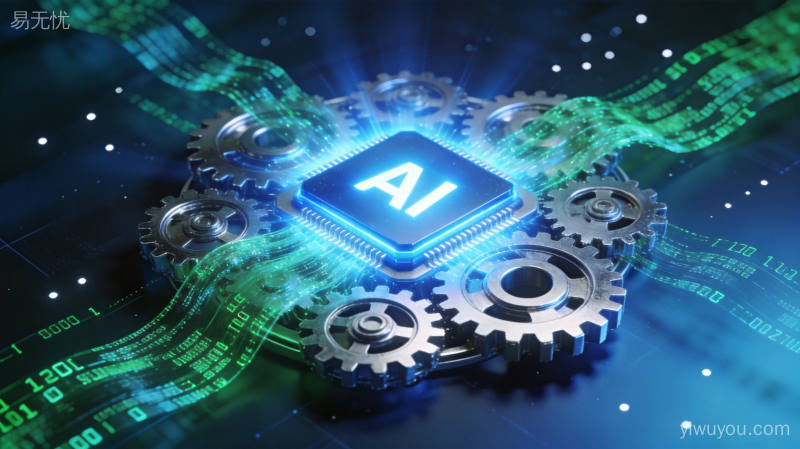 企业数字化转型概念图,机械齿轮与数字代码融合,AI芯片技术驱动业务创新发展