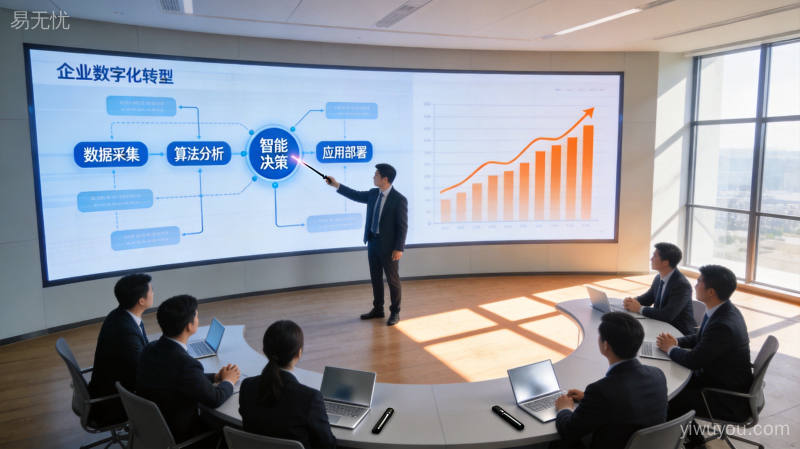 中小企业数字化转型团队在会议室讨论AI智能分析图表,探讨业务流程自动化方案
