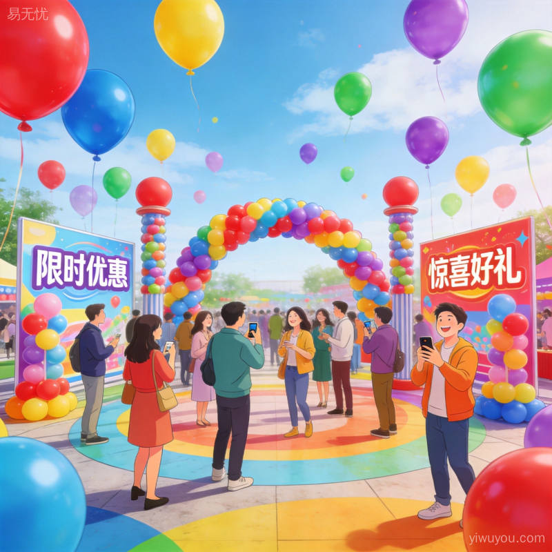 彩色气球装饰的营销活动现场,人群聚集热闹氛围,色彩丰富充满活力