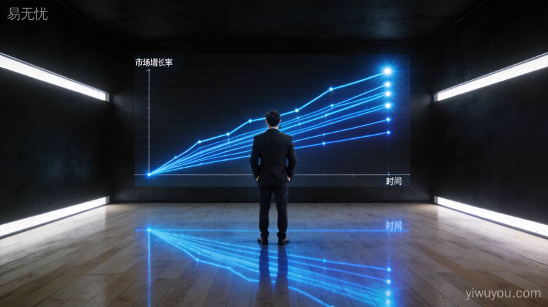 现代会议室内的巨大数据屏幕显示上升趋势曲线,专业商务人士背影注视