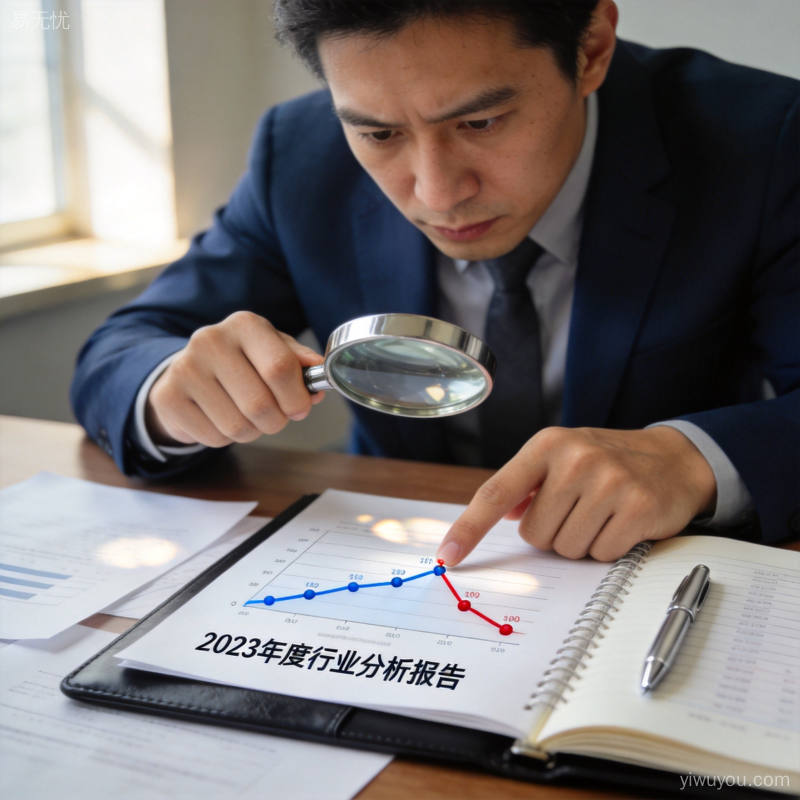 商务人士手持放大镜审视数据图表特写,现代简约办公桌上散落纸张
