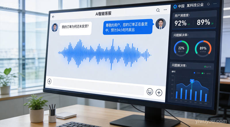 企业AI智能客服系统交互界面,聊天机器人与大数据分析面板,现代科技商务场景
