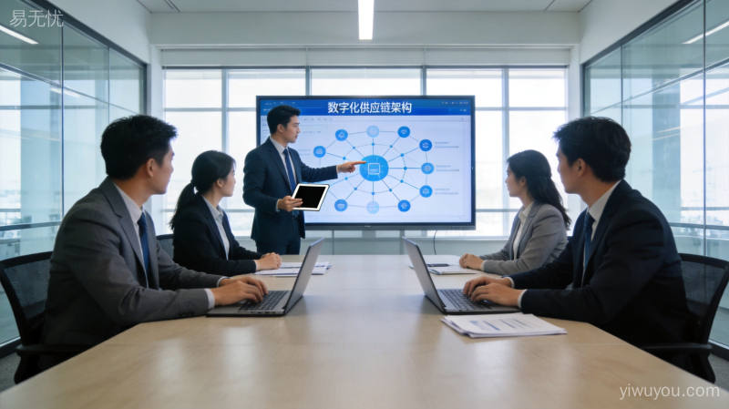 企业供应链数字化转型会议室,团队协作查看网络架构图