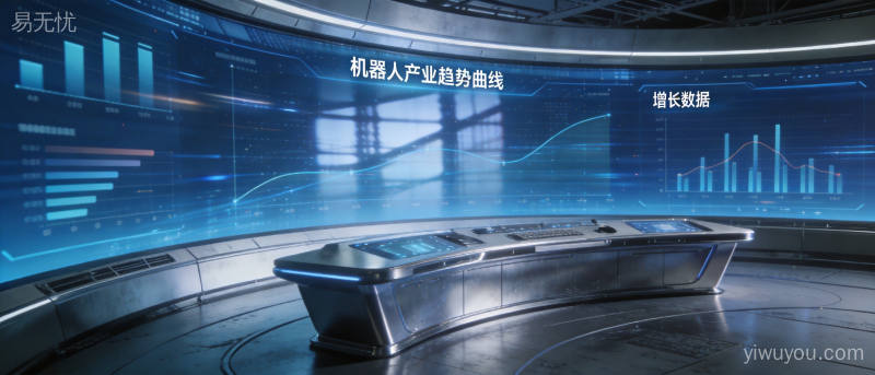 人形机器人产业趋势数据大屏,呈现万台产量里程碑与未来增长曲线,科技创新感强烈
