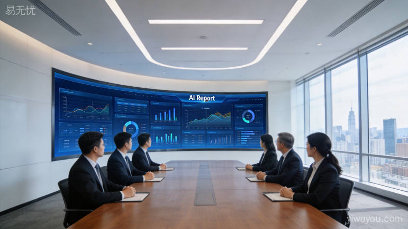 企业高管在现代会议室中通过大屏幕分析AI驱动的业务数据报表,蓝白色调体现数据科技与商业决策的融合氛围