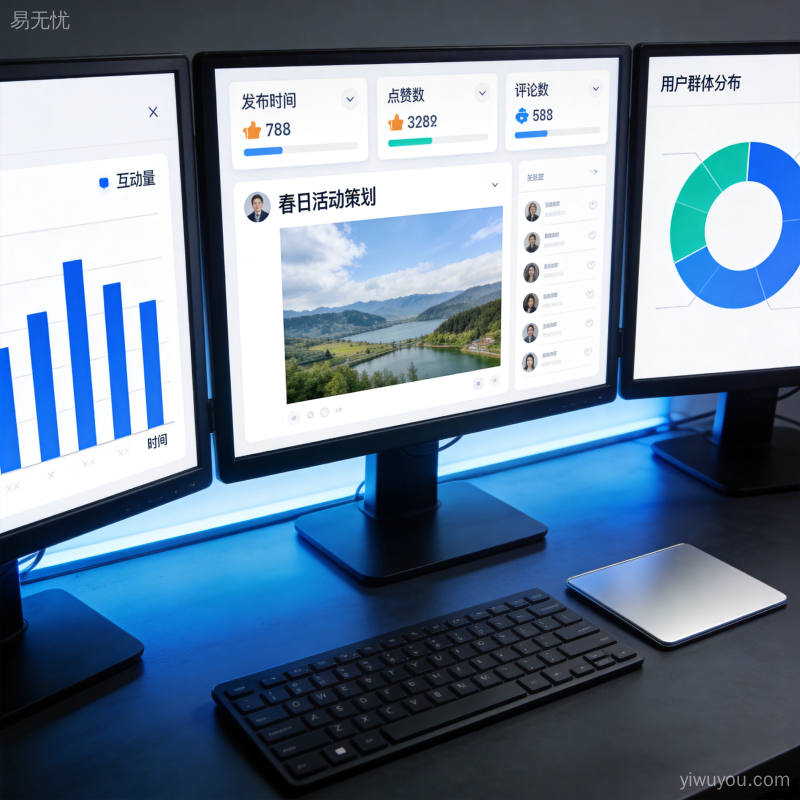 多屏幕数据分析界面,社交媒体内容运营场景,体现企业数字化营销的高效专业形象