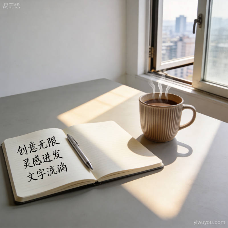 创意写作场景特写,笔记本和咖啡杯在简约办公桌上,自然光洒落,体现内容创作者的专业创作氛围