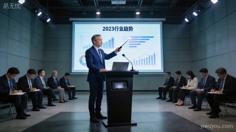 专业演讲场景,商务会议室内高管讨论行业趋势,专业严谨氛围