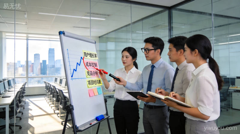 企业高管在会议室分析市场数据,白板上展示本土化营销方案和执行计划