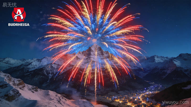 阿尔卑斯山脉夜空中品牌烟花绽放照亮雪山轮廓的震撼全景画面