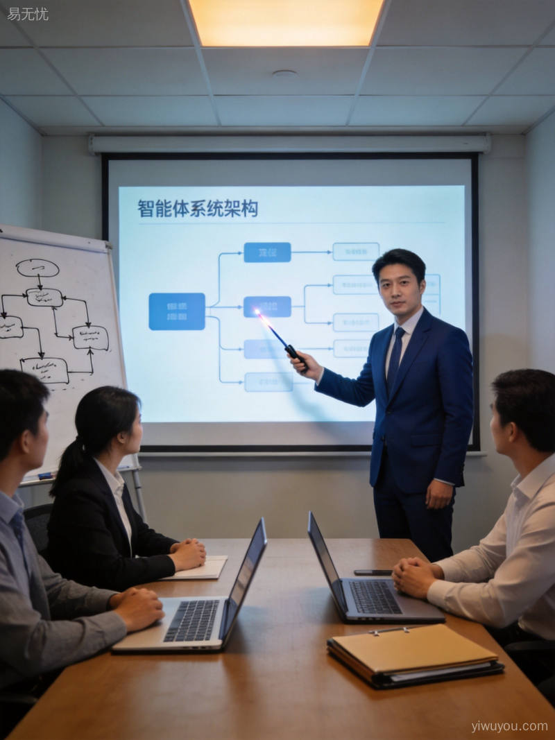 小型会议室中商务人士向团队展示智能系统方案的专业技术讨论场景