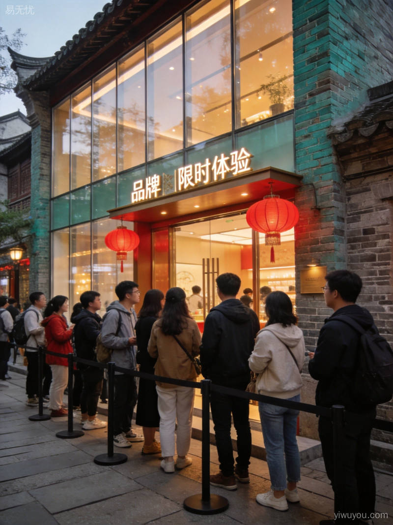 历史文化街区中现代设计品牌限时体验店门前人潮涌动的温馨场景
