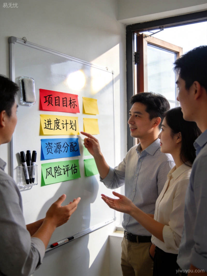 团队成员围在白板上贴满彩色便签纸进行头脑风暴，现代简约办公空间内自然光线照射的高效协作会议场景