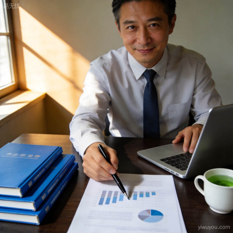 商务人士在办公桌前专注分析文件资料，温暖自然光线从侧面照入的特写镜头，桌面摆放笔记本电脑和专业书籍