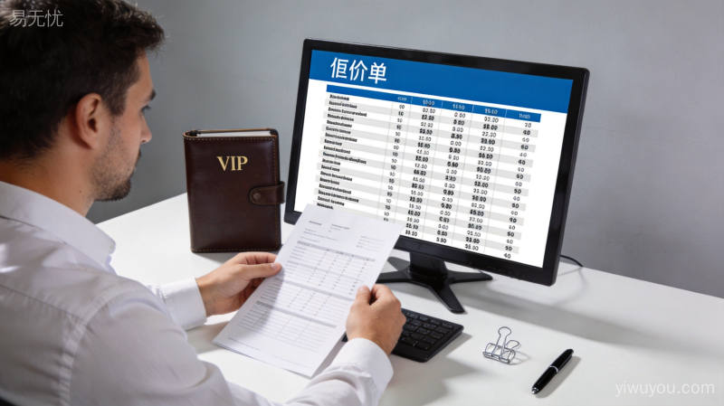 商务人员在电脑前整理老客户专属报价单和VIP客户档案