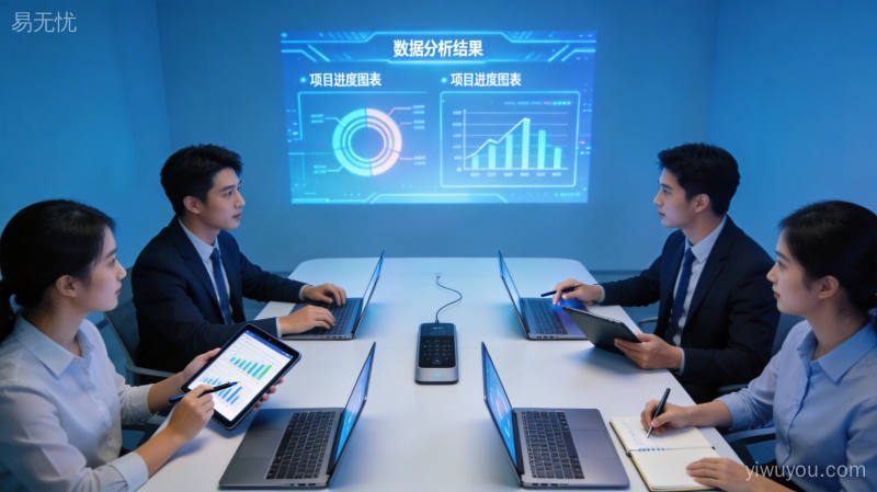 数字化转型团队使用笔记本电脑进行业务数据报表分析