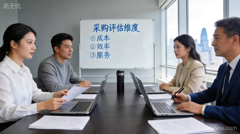 企业团队在会议室讨论采购评估方案