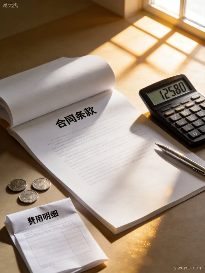 商务合同文件与计算器展示隐性费用核算