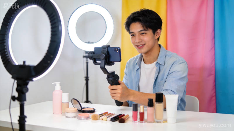 内容创作者在明亮工作室使用稳定器拍摄产品短视频的创意场景