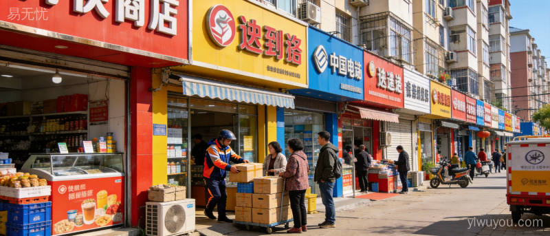 热闹的城市社区商业街沿街店铺林立居民在门店前咨询服务阳光明媚