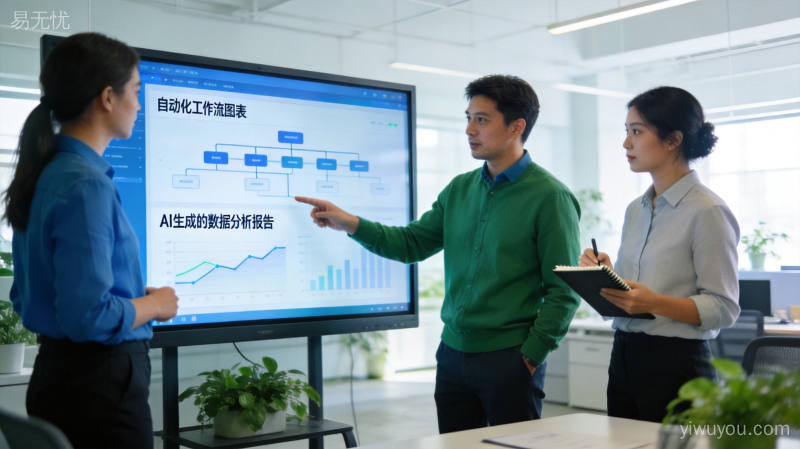 中小企业团队围绕数据大屏讨论AI自动化工作流方案