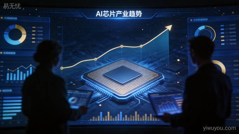 深蓝色数据大屏展示AI芯片产业链趋势曲线与半导体晶圆图案分析