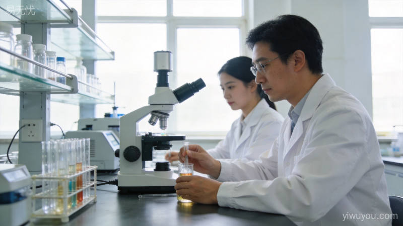 现代化化工实验室中研究人员穿着白色实验服操作精密分析仪器检测样品