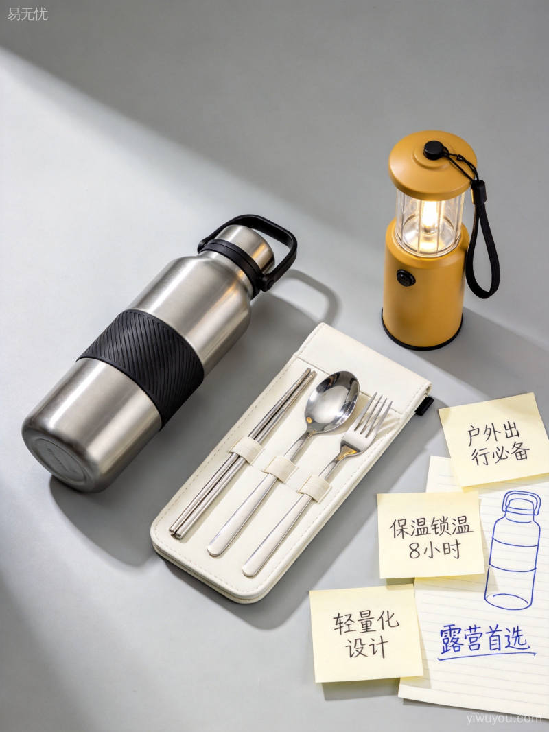 差异化选品的多种户外产品组合陈列展示俯视特写