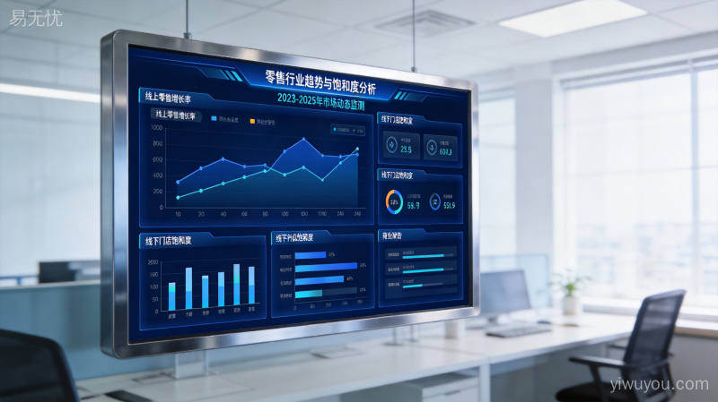 商业数据分析大屏展示零售行业趋势曲线和饱和度评估指标的科技商务场景