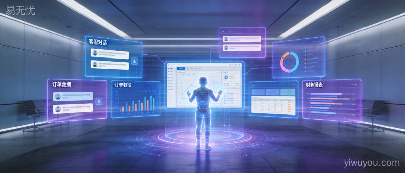 AI智能体全息投影在多屏幕前执行客服订单财务等多项业务任务的 futuristic 场景