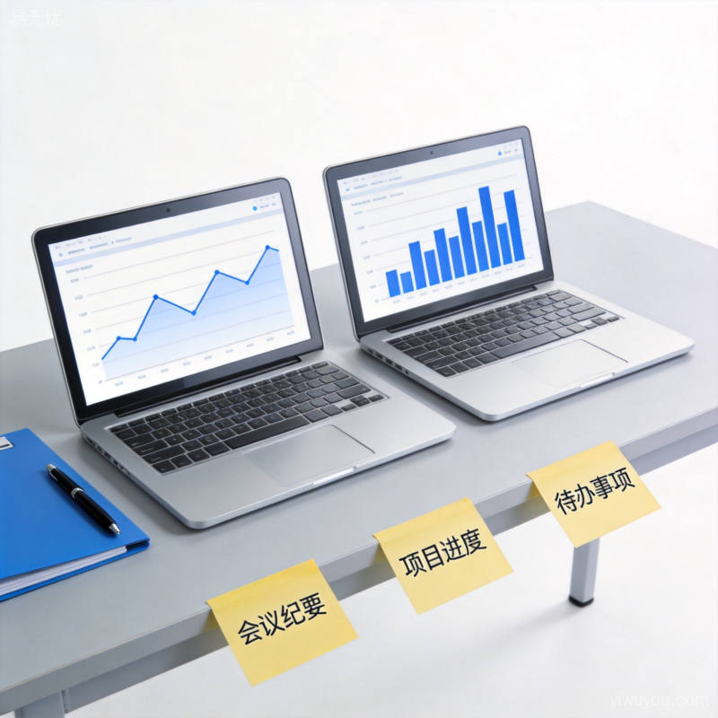 信息图风格办公场景多台电脑屏幕显示不同数据报表桌上散落便签文件夹
