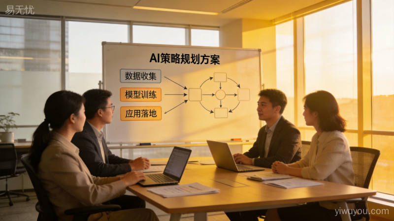 团队成员在现代会议室围绕白板讨论AI应用落地方案