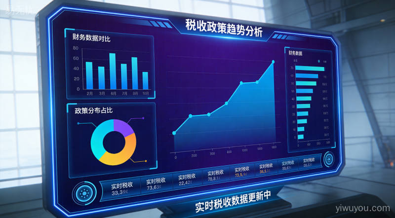 数据可视化大屏展示财税政策趋势分析,蓝紫色调科技商务风格