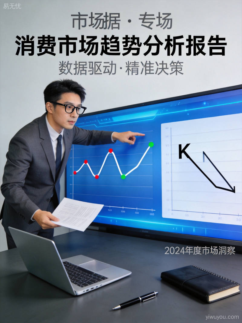 商务人士在数据大屏前分析消费趋势折线图和K型分化报告