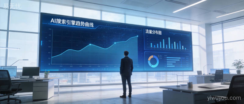 商务人士面对数据大屏分析AI搜索趋势变化