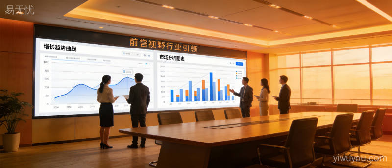 商务会议室中的数据可视化大屏展示行业发展趋势分析图表