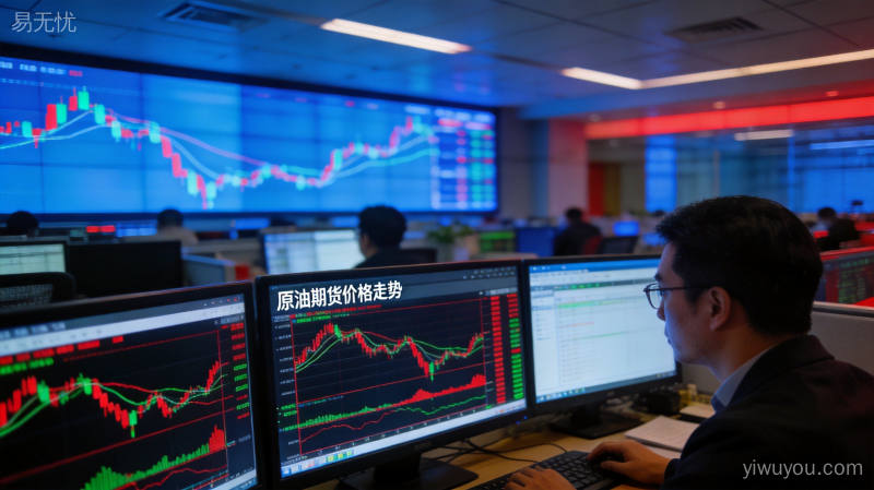 金融交易大厅内多块屏幕显示原油期货价格走势数据