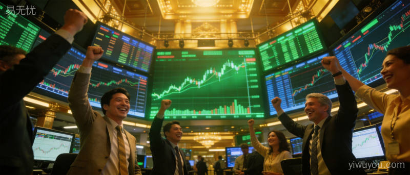 证券交易所交易大厅数字屏幕上显示上涨的金融数据图表