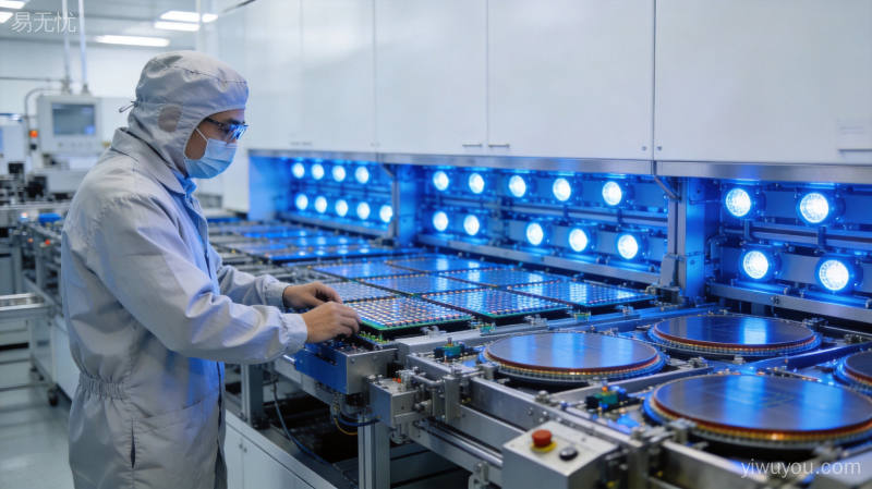 现代化半导体晶圆制造工厂洁净室内部生产线