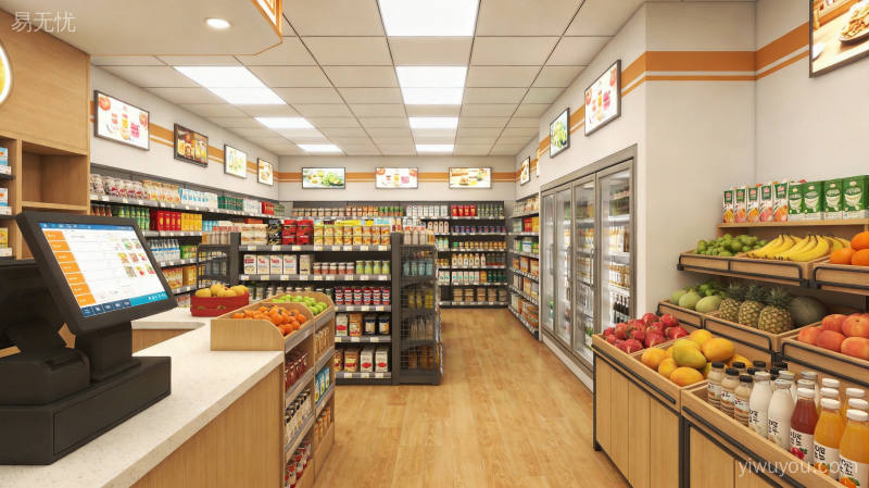 县域社区商业街全景鸟瞰小型商铺与配送骑手穿梭其间