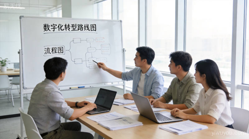 创业团队在开放式办公空间围坐白板前讨论数字化转型路线图的协作场景