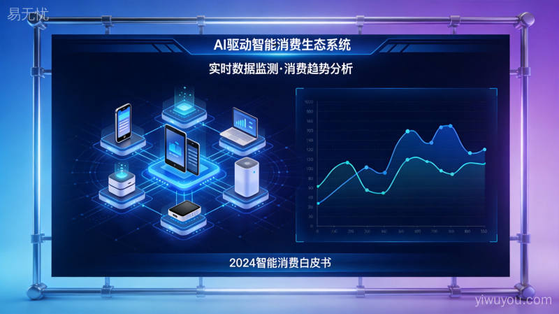 AI驱动的智能消费生态系统可视化,数据大屏与趋势曲线交织,展现科技商务风格的专业权威感